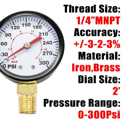1/4" NPT 300Psi Steel Economical All Purpose Pressure Gauge with Brass Internals 2" Dial Display Bottom Mount - size: 0-300Psi (dry), style: Lower Mount-1/4"NPT