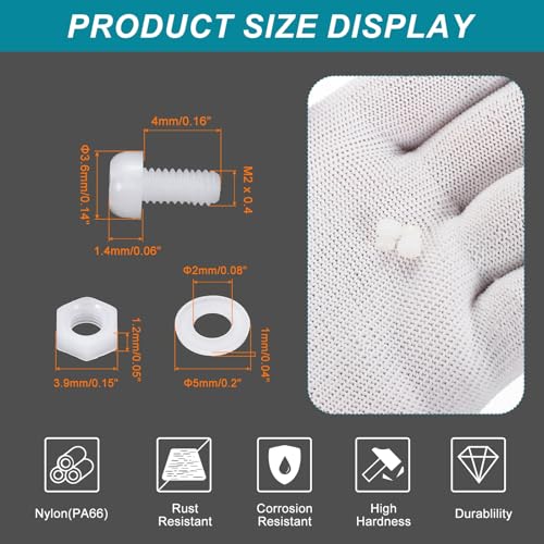MECCANIXITY 30 Set M2x4mm Nylon PA66 Plastic Cross Round Head Screw Phillips Bolts Hex Nuts Flat Washers Assortment Kit, Metric Full Thread Bolt Fasteners for DIY Machine Assembly, White - color: White, size: M2x4mm