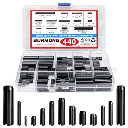 440Pcs Roll Pin Assortment Kit, Slotted Spring Pins, Steel Split Expansion Pin, 13 Sizes 13/64 3/32 1/8 5/32 1/16 5/64 5/32 15/64 Inch for Home Improvement, Automotive Repair,Machinery