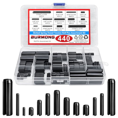 440Pcs Roll Pin Assortment Kit, Slotted Spring Pins, Steel Split Expansion Pin, 13 Sizes 13/64 3/32 1/8 5/32 1/16 5/64 5/32 15/64 Inch for Home Improvement, Automotive Repair,Machinery