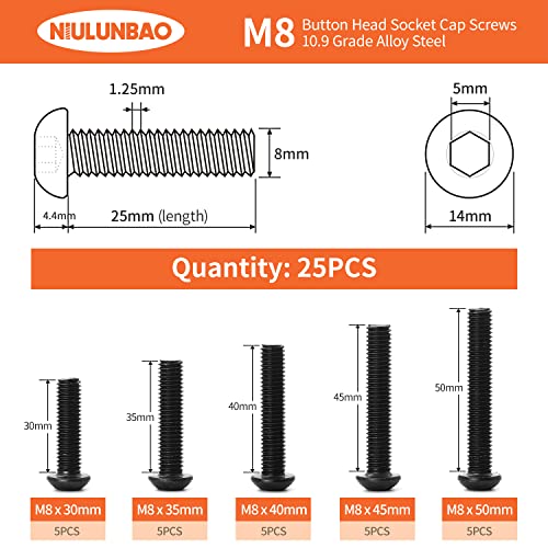 M8 x 30mm 35mm 40mm 45mm 50mm Button Head Socket Cap Screws Bolts 10.9 Grade Alloy Steel, Black Oxide Finish, Metric Allen Hex Drive, Machine Fully Threaded, Assortment Kit 25PCS - size: M8 x 30/35/40/45/50mm (25PCS)
