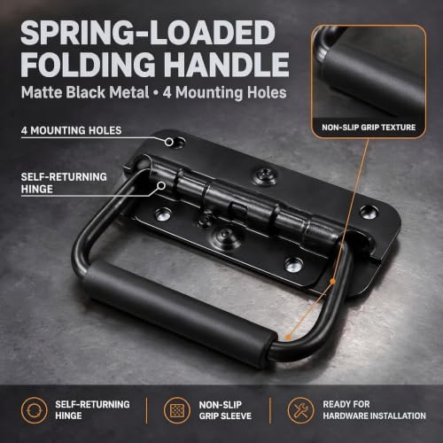 Bitray 4-Pack Spring Loaded Folding Chest Handle Rubber Grip 4.33in Black