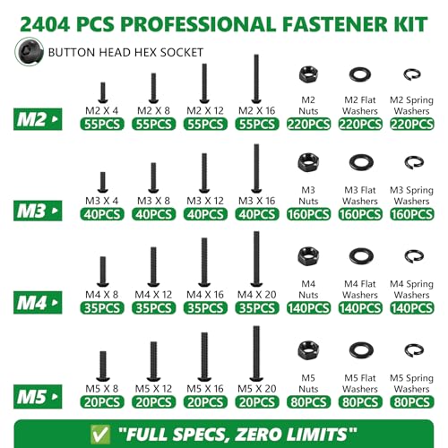 2404 PCS M2 M3 M4 M5 Metric Screw Assortment,Hex Socket Button Head - size: M2 M3 M4 M5 2404pcs 2