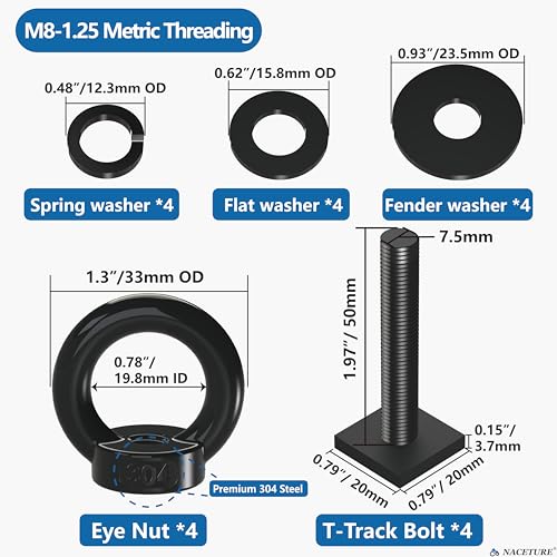 NACETURE Heavy Duty M8 T-Track Eye Bolt Tie Down Anchors, 50mm 4 Pack - color: Black M8 50mm 4 Pack