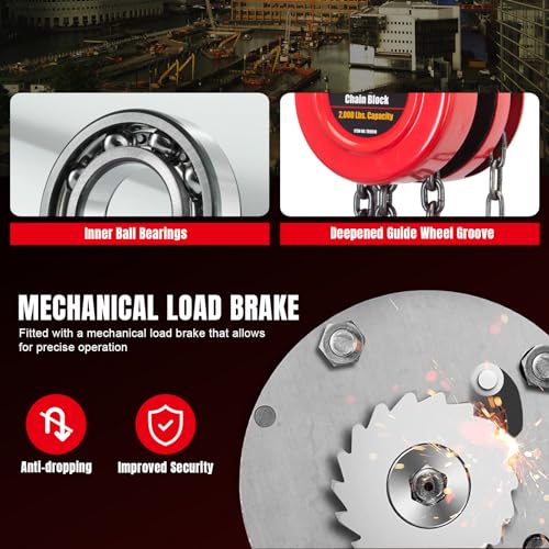 Big RED TR9010-7 Hand Chain Hoist: 2 Heavy Duty Hooks, Manual Chain Fall for Warehouse Building and Automotive Machinery, 1 Ton (2000 Lbs) Capacity,8ft/2.5m