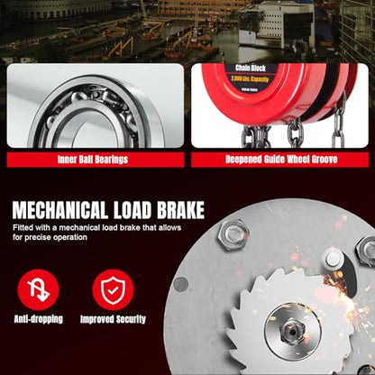 Big RED TR9010-7 Hand Chain Hoist: 2 Heavy Duty Hooks, Manual Chain Fall for Warehouse Building and Automotive Machinery, 1 Ton (2000 Lbs) Capacity,8ft/2.5m