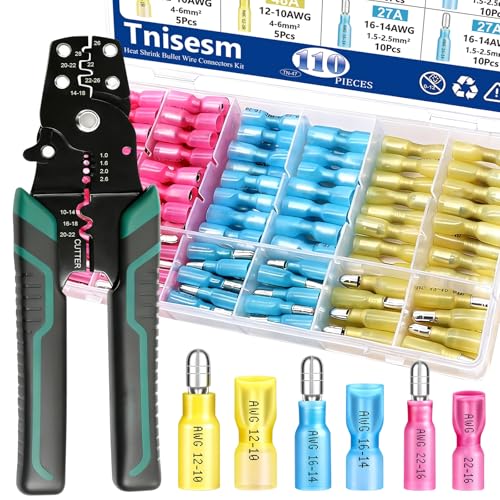 Tnisesm 111PCS Heat Shrink Bullet Connectors with Crimping Tool 22-10AWG Waterproof Bullet connectors Heat Shrink Female&Male Connector for Automotive Boat Stereo Industrial Equipment - color: 111PCS, size: Heat shrink style