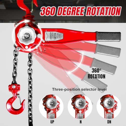 Big RED Manual Lever Chain Hoist,1-1/2 Ton 3000 lbs Capacity Come Along,G80 Grade Steel with Double-Pawl Brake,2 Heavy Duty 360° Rotation Hooks for Garage Factory Warehouse Ports Automotive Machinery - size: 1.5 Ton (3000 lbs)