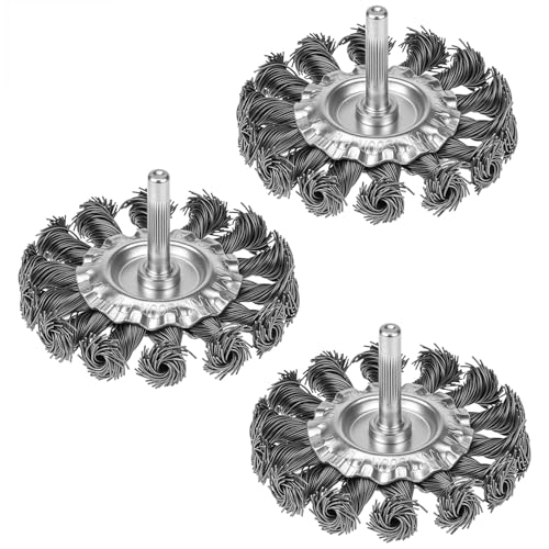 QWORK 3Inch Knotted Wire Wheel Brushes, 3 Pcs Twist Brush Set for Rust, 1/4-Inch Shank, Maximum 4500 RPM, Corrosion & Paint Removal, Hardened Steel Wire