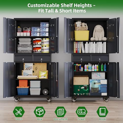 Reemoon 71-Inch Garage Storage Cabinet with 2 Drawers and Pegboards - color: Black-dark Grey, size: 15"D x 30.1"W x 71"H