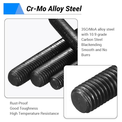 5pcs M12*160mm Fully Threaded Stud, Grade 10.9 Carbon Steel Black Oxide Finish Long Threaded Rod Bar for Furniture Industrial Maintenance Connection Fasteners - size: M12*160-5PCS