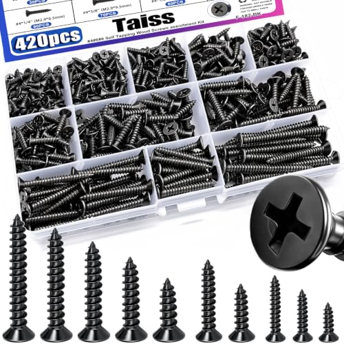 Taiss 420PCS #8#6#4 Wood Screws,Flat Head Phillips Black Wood Screws Assortment Kit,10 Sizes Self-Tapping Screw Electrophoresis Black(1/4",3/8",1/2",5/8",3/4",1",1/2",1-1/4",1-1/2",2") - size: 420PCS