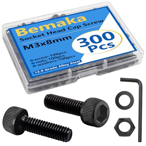 300PCS M3 x 8mm Hex Socket Head Cap Screws with Nuts and Washers, 12.9 Grade Alloy Steel M3 Bolts with Hex Wrench - color: BK-M3 x 8mm