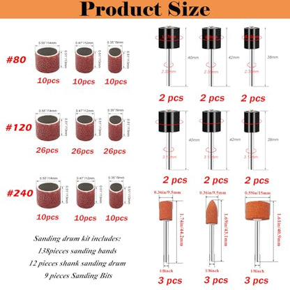 Sanding Drum Set for Most Rotary Tools-Includes 138 Aluminum Oxide Drum Sander Sanding Sleeves (80,120,240 Grit),12 Drum Mandrels and 9 Sanding Bits,Sanding Bits Tool Accessories with Box - color: 159pcs-3 Styles