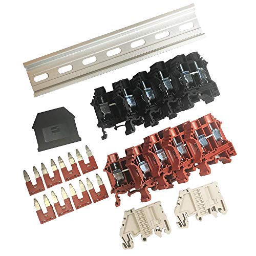 Dinkle Assembly Kit DK10N Red/Black 10 Gang with Jumpers DIN Rail Terminal Blocks, 6-20 AWG, 60 Amp, 600 Volt UL Recognized