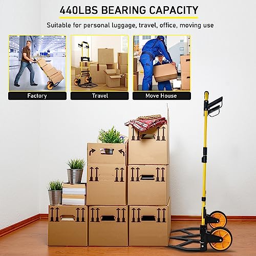 Folding Hand Truck and Dolly, 440lbs Capacity Portable Luggage Dolly Cart with Rubber Wheels and Retractable Handle, Aluminum Foldable Hand Cart for Transportation/Luggage/Mobile/Travel/Office Use - color: Yellow