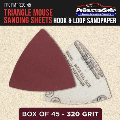 ProductionShop Premium 320 Grit Triangle Mouse Detail Sander Sandpaper Sheets, Box of 45 - Hook & Loop, Triangular Shaped Mouse Disc Pads - Oscillating Multi-Tools - Woodworking, Sand Furniture Paint - style: 320 Grit