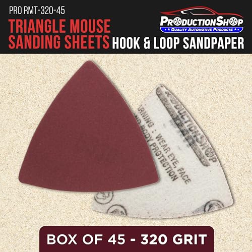 ProductionShop Premium 320 Grit Triangle Mouse Detail Sander Sandpaper Sheets, Box of 45 - Hook & Loop, Triangular Shaped Mouse Disc Pads - Oscillating Multi-Tools - Woodworking, Sand Furniture Paint - style: 320 Grit