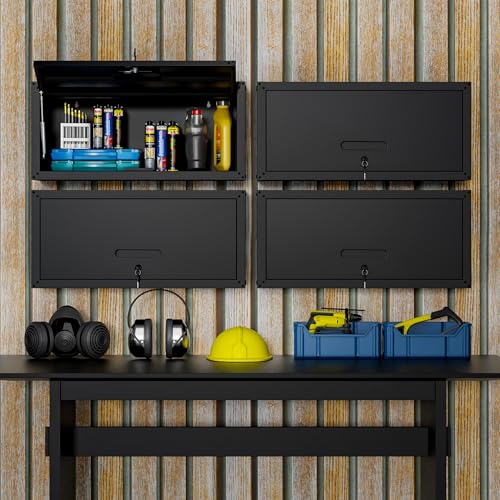 Metal Wall Cabinet,Wall Mounted Garage Cabinets with Lockable Up-Flip Door,Black Hanging Storage Cabinet 130 lbs Capacity,Floating Cabinet for Tool Organization in Basement,Workshop,Kitchen - color: Black, size: Upflip Door-H13.5"
