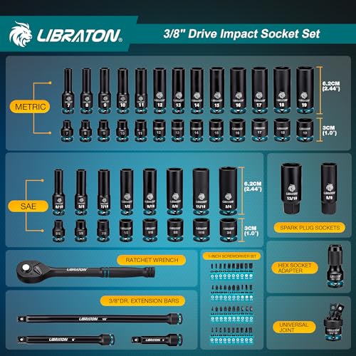 LIBRATON 3/8 Socket Set 90PCS, SAE(5/16-3/4) & Metric(7-19MM) Impact Socket - size: 3/8"