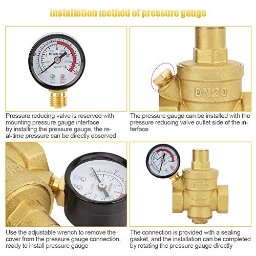 Water Pressure Regulator, Adjustable Brass Valve with Flow Meter Pressure Reducing Valve 3/4 Inch DN20 Thread for Homeowners Plumbers Residential Commercial Water Systems