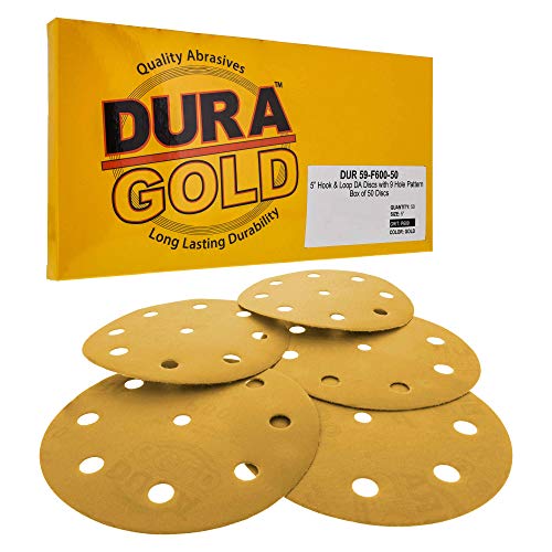 Dura-Gold 5" Gold Sanding Discs, 600 Grit, Box of 50, 9 Hole Pattern, H & L - size: 600-Grit