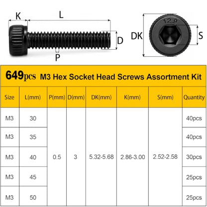 649PCS M3 Socket Head Long Screws Assortment Kit,M3x30/35/40/45/50 mm - size: M3 649pcs