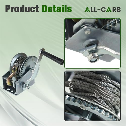 ALL-CARB 1200lbs Heavy Duty Hand Winch Boat Winch with 10m 32ft Steel Cable for Boat Trailer