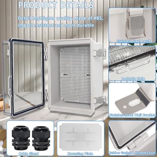 Zulkit Junction Box IP67 Waterproof Electrical Box Hinged Clear Cover Stainless Steel Latch Plastic Enclosure for Project w Mounting Plate Wall Bracket and 2 Cable Gland 8.7"x6.7"x4.3"/220x170x110mm - color: Clear Cover, size: 8.7"x6.7"x4.3"