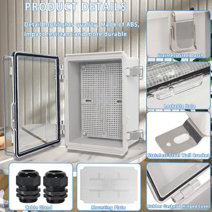 Zulkit Junction Box IP67 Waterproof Electrical Box Hinged Clear Cover Stainless Steel Latch Plastic Enclosure for Project w Mounting Plate Wall Bracket and 2 Cable Gland 8.7"x6.7"x4.3"/220x170x110mm - color: Clear Cover, size: 8.7"x6.7"x4.3"