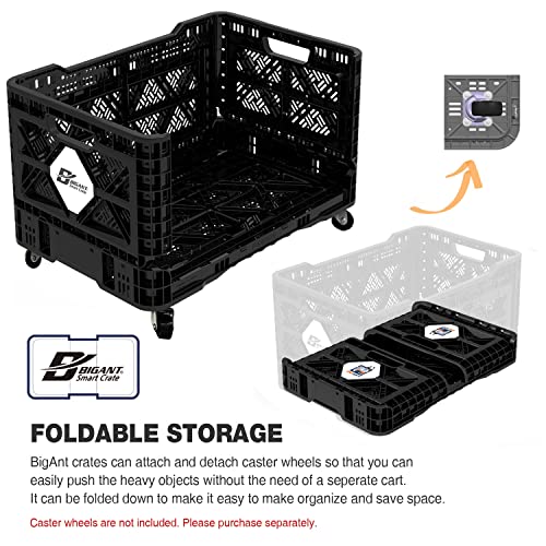 Bigant Heavy Duty Collapsible & Stackable Plastic Milk Crate-Medium Size, Black, Stackable Open Front Organizer, Set of 1, Snap Lock Foldable Industrial Garage Storage Bin Container Utility Basket
