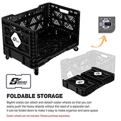 Bigant Heavy Duty Collapsible & Stackable Plastic Milk Crate-Medium Size, Black, Stackable Open Front Organizer, Set of 1, Snap Lock Foldable Industrial Garage Storage Bin Container Utility Basket