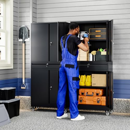 Yizosh Metal Garage Storage Cabinet with Locking Doors and Adjustable Shelves, 73" Rolling Tool Storage Cabinet with 4 Wheels and 1 Drawer for Garage,Warehouse (Black) - color: Black, size: 4 Wheel - 1 Drawer - 73"H