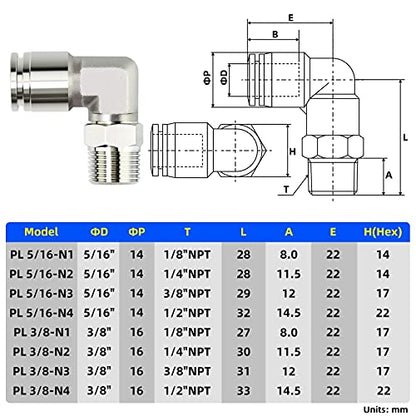 TAILONZ PNEUMATIC 304 Stainless Steel Male Elbow - 3/8 Inch Tube OD x 1/8 Inch NPT Thread 90 Push to Connect Tube Fitting PL-3/8-N1 (Pack of 5) - size: 3/8''OD 1/8''NPT