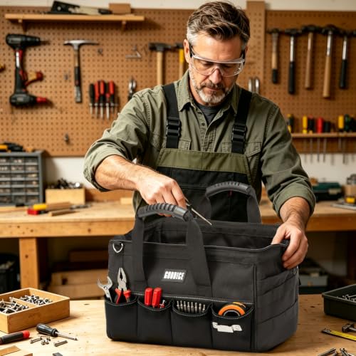 15"Heavy-Duty Tool Bag,23-Pocket Wide Mouth Tool Tote with Adjustable Strap - color: Black