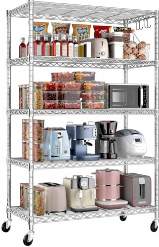 Storage Shelves - 5 Tier Metal Shelving Unit, 18" D × 48" W × 72" H - color: Chrome, size: 18"D X 48"W x 72"H, 5 Tier