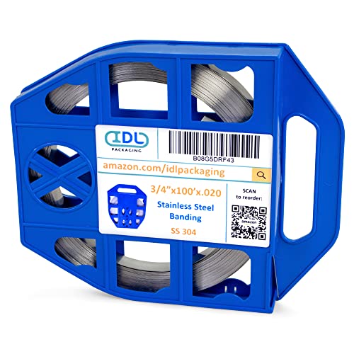 IDL Packaging 3/4" x 100' x .020" Stainless Steel 304 Banding in Plastic Self-Dispensed Case - Salts, Chemicals, UV Rays, and Extreme Temperatures Resistant Banding with High Break Strength - size: 3/4" x 100' x 0.020", style: 304 stainless steel