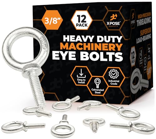 Xpose Safety Shoulder Eye Bolt 3/8"-16 x 1-14" - Industrial Strength Threaded Lifting Eye Bolt Screw for Machinery, Hoist, Anchor, Towing & More - 3/8" Eye Bolts Heavy Duty Galvanized Steel 12 Pack