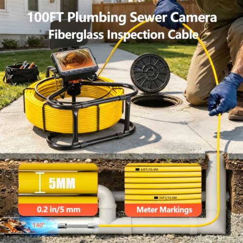 Sewer & Drain Camera 100FT, 4.3" HD Plumbing Inspection Camera 1080P IP68