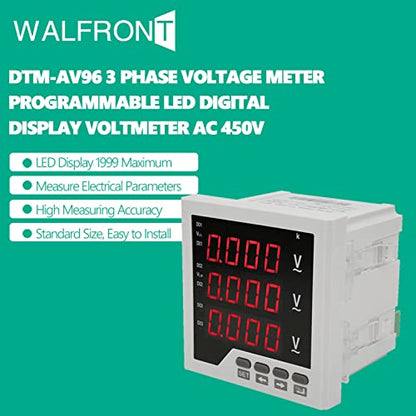 3 Phase Voltage Meter AC 450V, DTM-AV96 Digital Voltmeter 1 LED Display Panel Programmable Voltage Current Frequency Tester