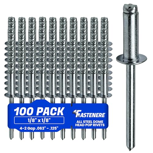 Fastenere Pop Rivets - 1/8" x 1/8" (100 pcs) Heavy Duty, Open-End, Low Carbon Steel, Dome-Head Blind Rivets, Corrosion-Resistant & High Shear Strength, 4-2 Gap 0.063"-0.125" - size: 1/8" x 1/8" (4-2) (100 Pack)