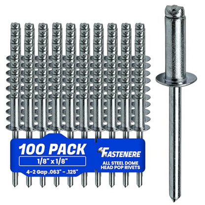 Fastenere Pop Rivets - 1/8" x 1/8" (100 pcs) Heavy Duty, Open-End, Low Carbon Steel, Dome-Head Blind Rivets, Corrosion-Resistant & High Shear Strength, 4-2 Gap 0.063"-0.125" - size: 1/8" x 1/8" (4-2) (100 Pack)