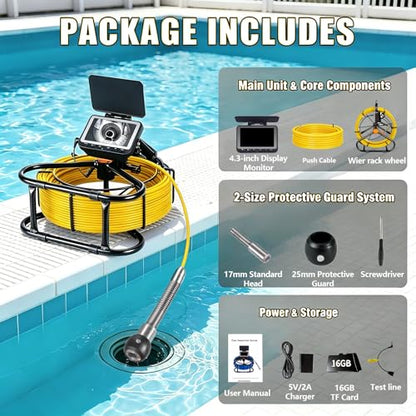 Sewer & Drain Camera 100FT, 4.3" HD Plumbing Inspection Camera 1080P IP68