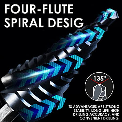 Matework M35 Cobalt Step Drill Bit, Four Spiral Flute Unibit Step Drill Bit (3/16"-7/8") Wear-Resistant TiAlN Coated, 1/4" Hex Shank for Metal, Carbon Steel, Stainless Steel, Wood, Plastic (12 Size) - size: 3/16"-7/8"