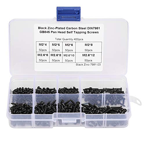 400Pcs M2/M2.6 Self Tapping Screws for Plastic, Stainless Steel Black Cross Self Tapping Screw with Box, Cross Pan Head Screws Set for Plastics, Wood, Soft Metals
