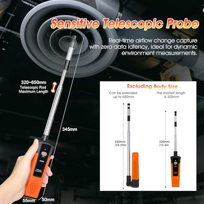 Hotwire Anemometer Handheld for Air Celocity, in-Duct Airflow and Temperature, HVAC Wind Speed Meter with Revolve Telescopic Probe, Bluetooth App, Digital Air Flow Meter CFM Meter GR-9100A