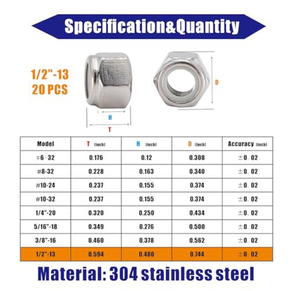 1/2-13 Lock Nut, 20Pcs 304 Stainless Steel Nylock Insert Locking Nuts - size: 1/2"-13（20 pcs）