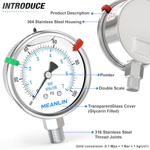 MEANLIN MEASURE 0~100Psi Stainless Steel Liquid Filled Pressure Gauge 2.5" FACE DIAL 1/4" NPT for Well Pump Tire Water Pressure Tester Lower Mount with Stainless Steel Hex Bushing and Snaps - size: 0-100Psi, style: Lower Mount