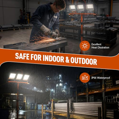 30000 Lumen LED Work Lights with Stand - 3 Adjustable Head Waterproof Foldable Tripod Light, 6500K Daylight (47-68" Height) & 18FT Cord - IP66 Rated for Construction Sites, Garage, Outdoor (Orange)