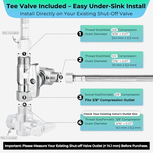 Refrigerator Ice Maker Water Line Kit - 12' Braided Stainless Steel Fridge Water Line with 1/4" Compression Fittings Pex Tubing Core and Water Splitter - size: 12 Feet